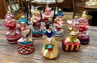 Vintage Snow White & 7 Dwarfs Blown Glass Christmas Ornament Set.
