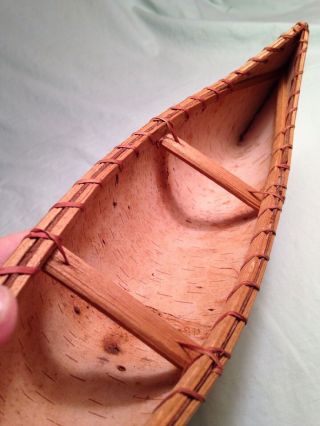 RARE Vintage 1960s Miniature Birchwood Hand Crafted Canoe Boat 13.  5 