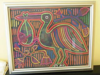 Framed Fabric Mola Panama San Blas Islands Kuna Folk Art Handstitch W Glass