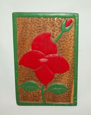 Old Vtg Mid 20th Century Folk Art Hand Carved Panel Flower Paint