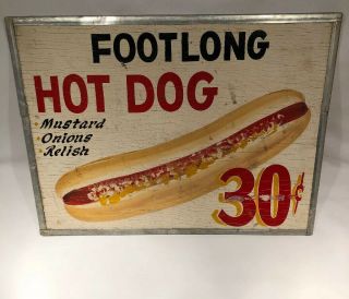 Vtg 1950s Hand Painted Wood Sign Carnival Food Cart Foot Long Hot Dogs 30 Cents
