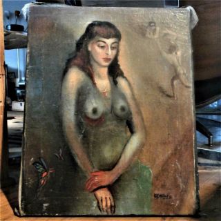 1960`s " Nude " Folk Art - Outsider Painting On Canvas - Betty Page?