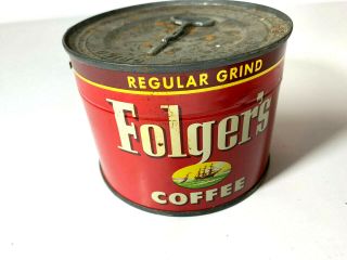 Vintage 40s - 50s Folgers 1/2 Lb Pound Coffee Can With Key