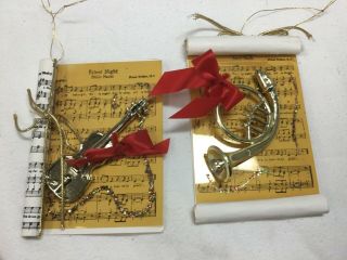2 Vintage Christmas Tree Ornaments Silent Night Sheet Music Horn Guitar Scroll