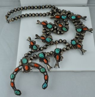 Navajo Sterling Coral Turquoise Squash Blossom Native American Necklace Vintage