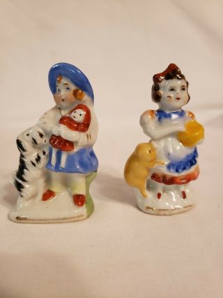Vintage Made In Occupied Japan Porcelain Figurine Girls With Dogs & Cat