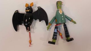 Wood Pull String Puppet Toy Ornaments Halloween Frankenstein & Bat
