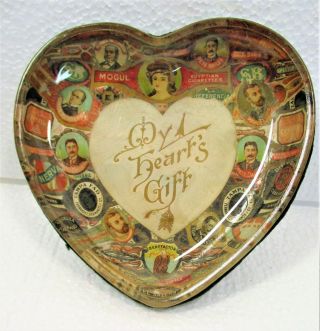 Early 20th C American Folk Art Cigar Band Collage Heart Shape Glass Bowl Near Mt