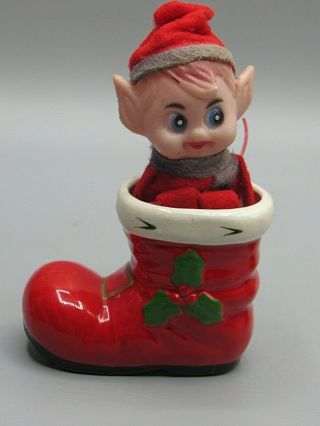 Vintage Lefton Mini Ceramic Santa Boot With Knee Hugger Felt Elf