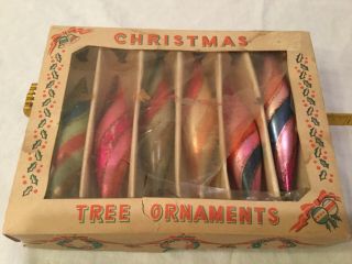 Vintage 6 Glass Icicle Tear Drop Christmas Tree Ornament Pink Striped Poland Box
