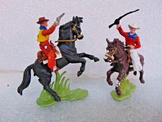 2 Vintage Made In Hong Kong For Britains Ltd Plastic Cowboys Horses Hand Painted