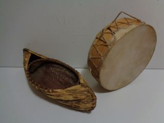 Indian Tree Bark & Leather Canoe With Rawhide Skin Drum Quick Ship