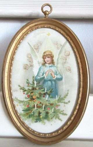 Little Antique Victorian Framed Angels & Christmas Tree Lithograph Picture