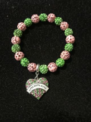 Alpha Kappa Alpha Aka Bling Bracelet Rhinestones Pink And Green With Heart