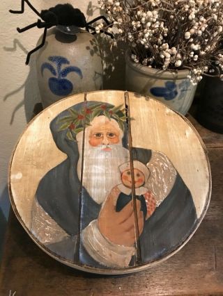 Hand Painted Folk Art Old World Santa On Box By Janet Ravenna