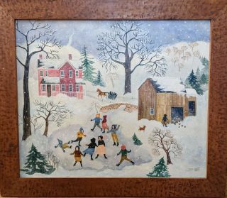 Jeanne Davies American Primitive Pa Dutch Folk Art Winter Scene Oil Painting