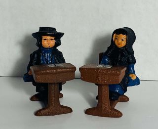 Vintage Toy Cast Iron Amish Girl And Boy School Desk Figurines Doll House