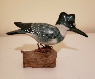 Carved And Painted Belted Kingfisher On Mount.  5  Tall