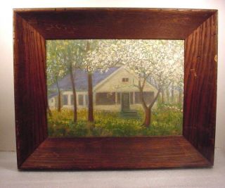 Mystery Naive Folk Art Cherry Tree Cabin Cottage Oil Painting Old Wormwood Frame