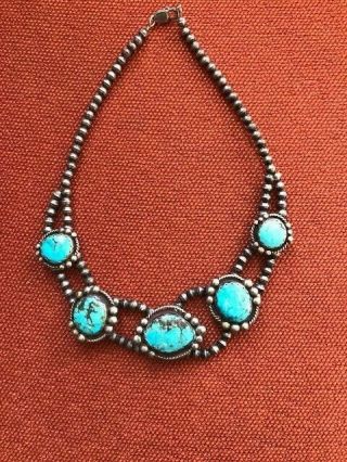 Vintage Sterling Silver Turquoise Squash Blossom Necklace Bench Bead Choker Naja