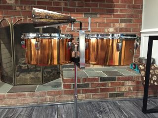 Vintage Wfl Copper Timbales With Stand And Cowbell.