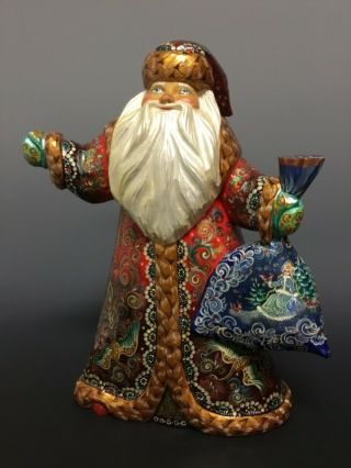 12.  5 " Vintage Russian Santa Wooden Hand Carved Painted Fedoskino Style Signed