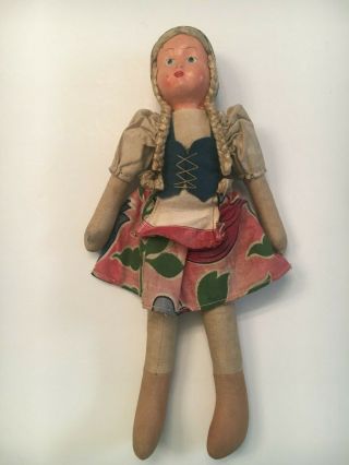 Vintage Folk Art Doll Hand Painted Face Blonde Braids 12 " Long