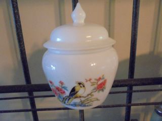 Vintage Avon Milk Glass Bowl With Lid Bird And Floral Picture