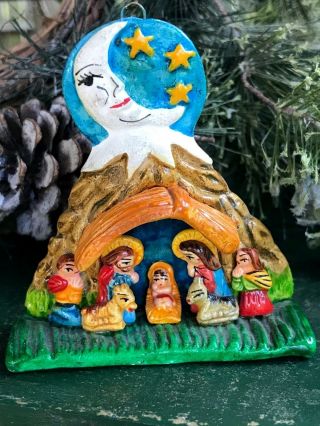 Nativity Creche Pottery Clay Figures Christmas Ornament S.  America Handmade 3 "