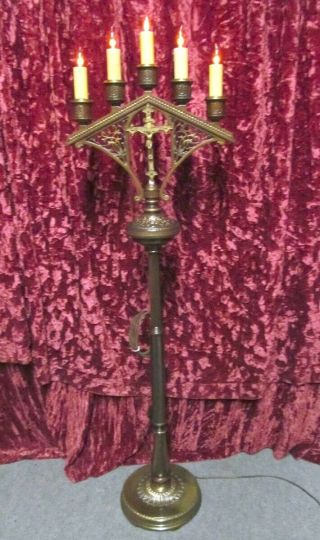 Vintage Funeral Standing 5 Electric Candle Crucifix Ornate Mortuary Candelabra