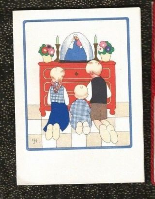 Vintage Artist Hj Jh Christmas Card Belgium 3 Children Worshiping Holy Mother