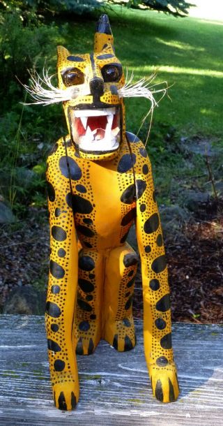 Kitty Cat Vintage Folk Art Large Wood Carved Cheetah Jaguar Possibly Mexico