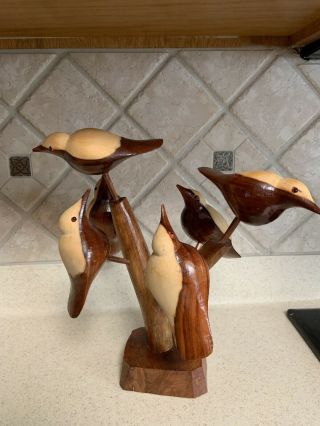 Vintage Folk Art Hand Carved Carving Of 6 Birds In A Tree Sculpture Primitive