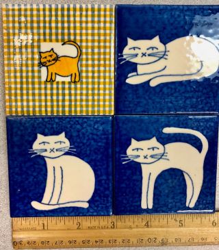 Hand Painted Set Of 4 Tiles Portugal White Cat On Blue Field Yellow