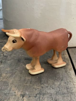 Vintage Hard Plastic Ramp Walker Walking Toy Brown Cow Bull Ox Made In Hong Kong
