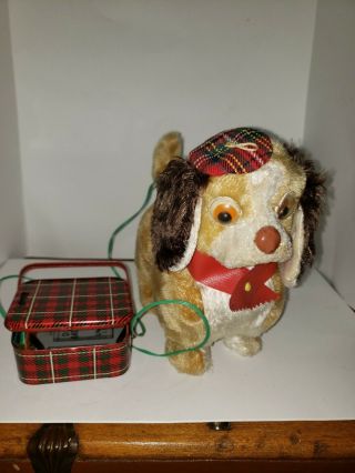 Vintage Battery Operated Dog With Plaid Hat And Battery Basket