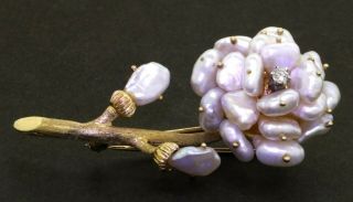 Vintage Designer Signed Heavy 14k Gold 0.  10ct Diamond And Pearl Flower Brooch