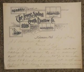1892 The Lever Spring Tooth Harrow Co Letterhead Kalamazoo Mich.