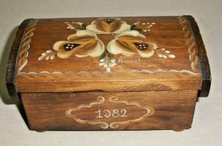 Norwegian Rosemaling Wood Trinket Box Signed Folk Art