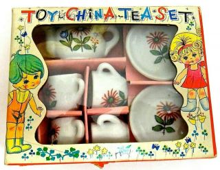 Vintage Toy China Tea Set In Graphic Box,  Mid Century Japan - Adorable