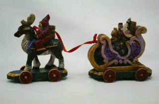 2 Pc Midwest Cannon Falls Pam Schifferl Figurine Ornament Santa Riding Reindeer