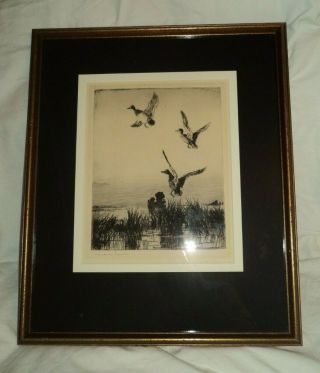 Frank Benson Pencil Signed Etching Ducks Flying / Rising Over Marshes