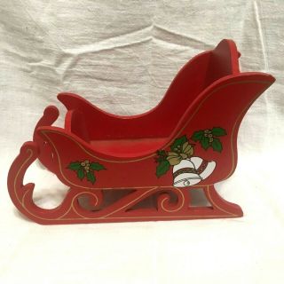 Vintage,  Christmas Red Wood Sleigh With Bells & Holly,  9 " Long.  S2