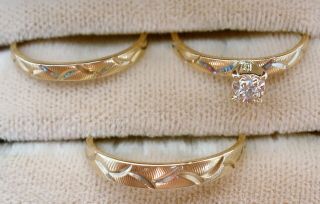 14K Yellow Gold Diamond Ring Wedding Band Set Men ' s & Lady ' s Vintage Engagement 3
