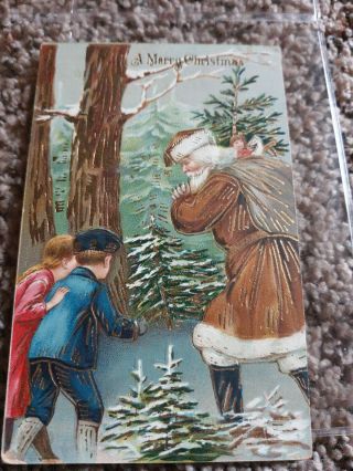 Vintage Embossed Christmas Postcard Santa Brown Robe,  Children,  Printed Germany