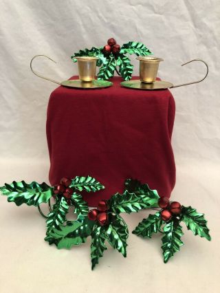 Vintage Metal Holly/berries Red And Green Napkin Rings - 4 With 2 Candle Holders