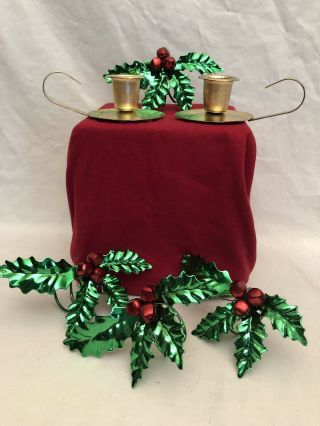 VINTAGE METAL HOLLY/BERRIES RED AND GREEN NAPKIN RINGS - 4 With 2 Candle Holders 2