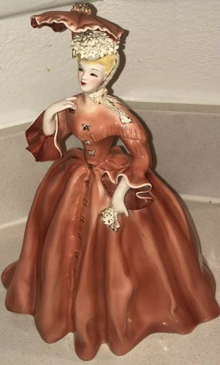 Florence Ceramics Vivian Doll With Umbrella Handle Missing - Salmon Dress