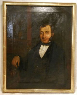 Great Antique Early 19th Century Oil On Canvas Portrait Of A Gent With Sideburns