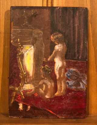 Antique French Oil On Panel “apres Le Bain” After The Bath Signed